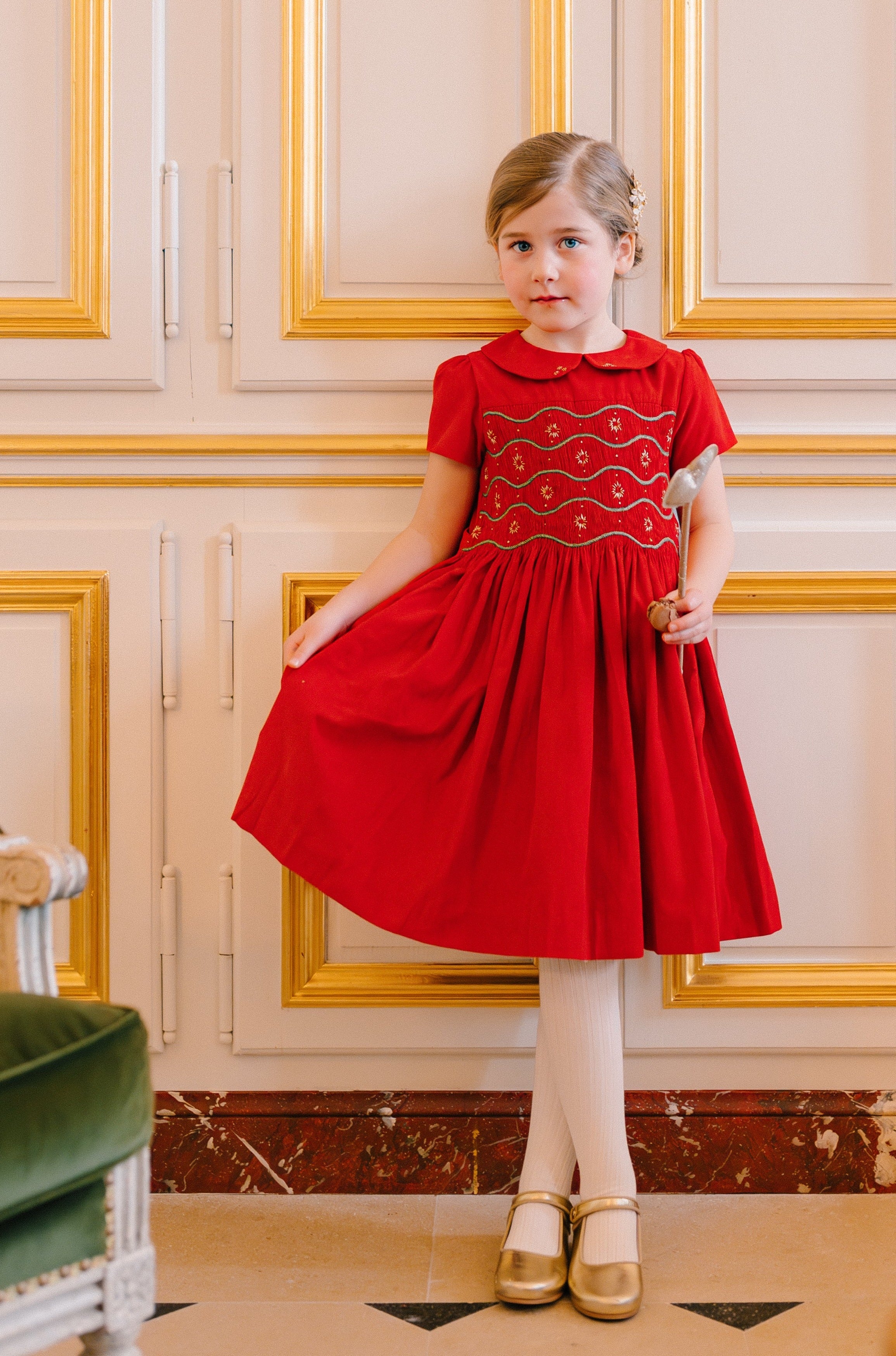 Stella Red Corduroy Short Sleeve Smocked Dress