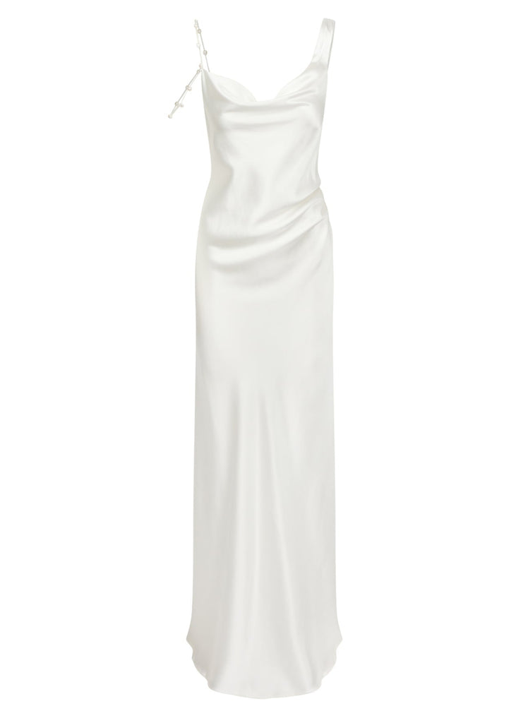 Asymmetric Cowl Dress with Pearl Straps | STYLE 019