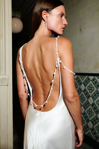 Asymmetric Cowl Dress with Pearl Straps | STYLE 019