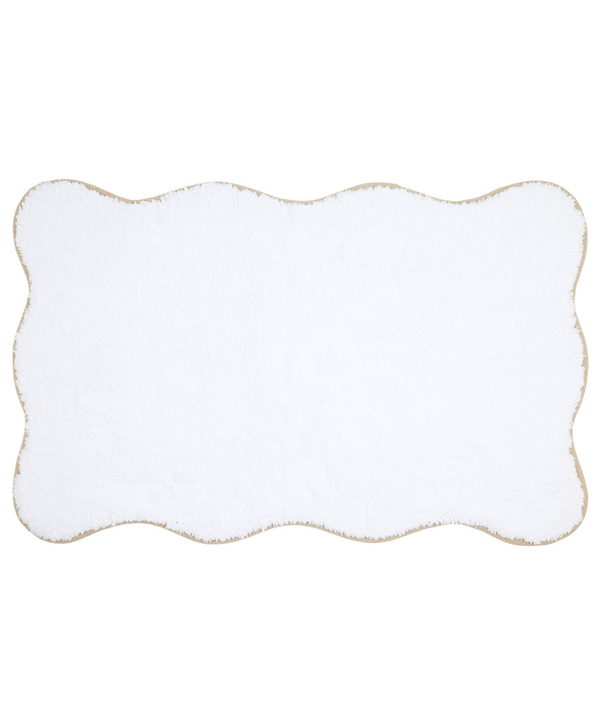 Rebecca Udall Luxury Classic Cotton Scalloped Wavy Piped Edge Bath Mat, White with Taupe Sand Beige Trim