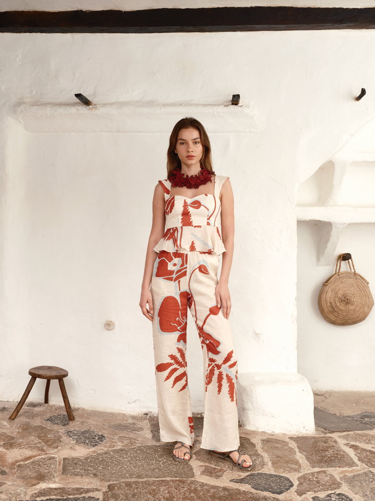 Joao Linen Pants in Ecru & Orange Gladiolos