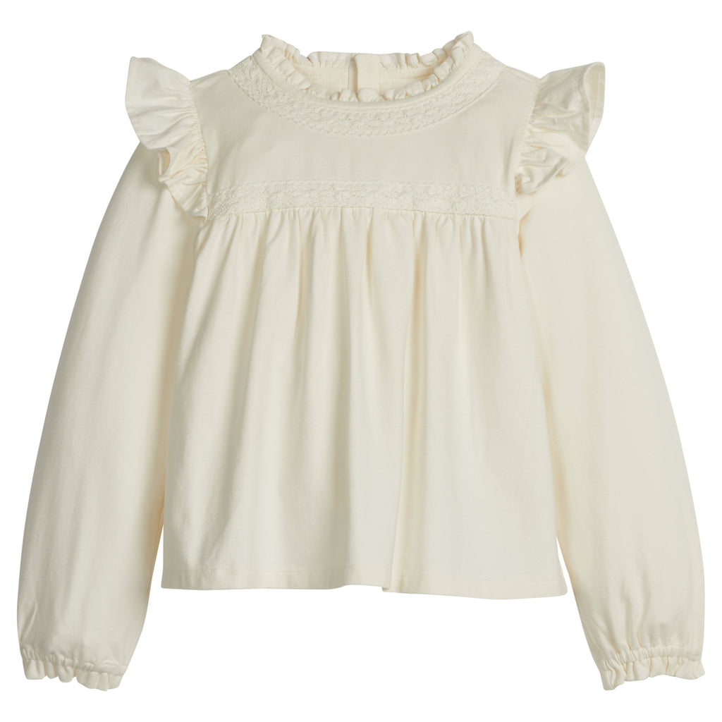 little english classic children's clothing girls long sleeve ruffle top in cream with lace details