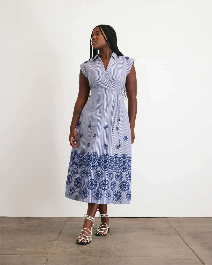 Midi Shivon Dress in Blue & Optic White