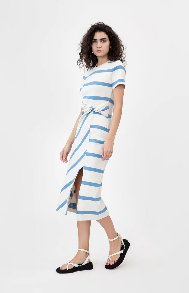 Short Sleeve Striped Cody Dress in Cream & Blue Bird Wide Stripe
