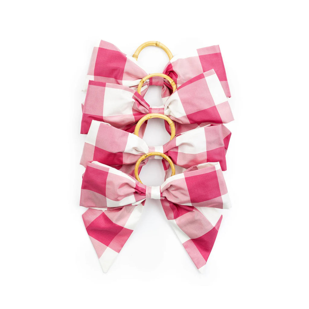 Silk Farmhouse Gingham Napkin Rings in Pink, Set of 4