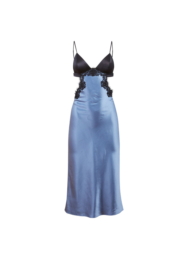 Blue silk dress with black lace details on a white background