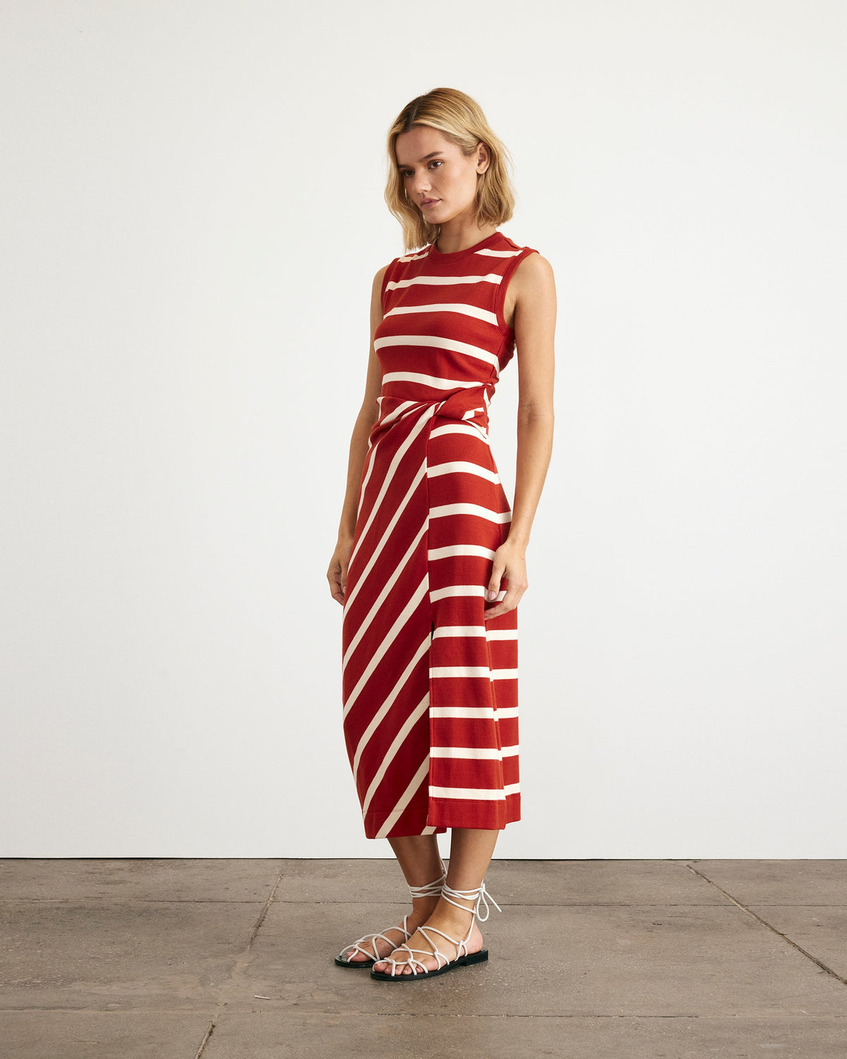 Sleeveless Striped Cody Dress in Brick & Cream Stripe