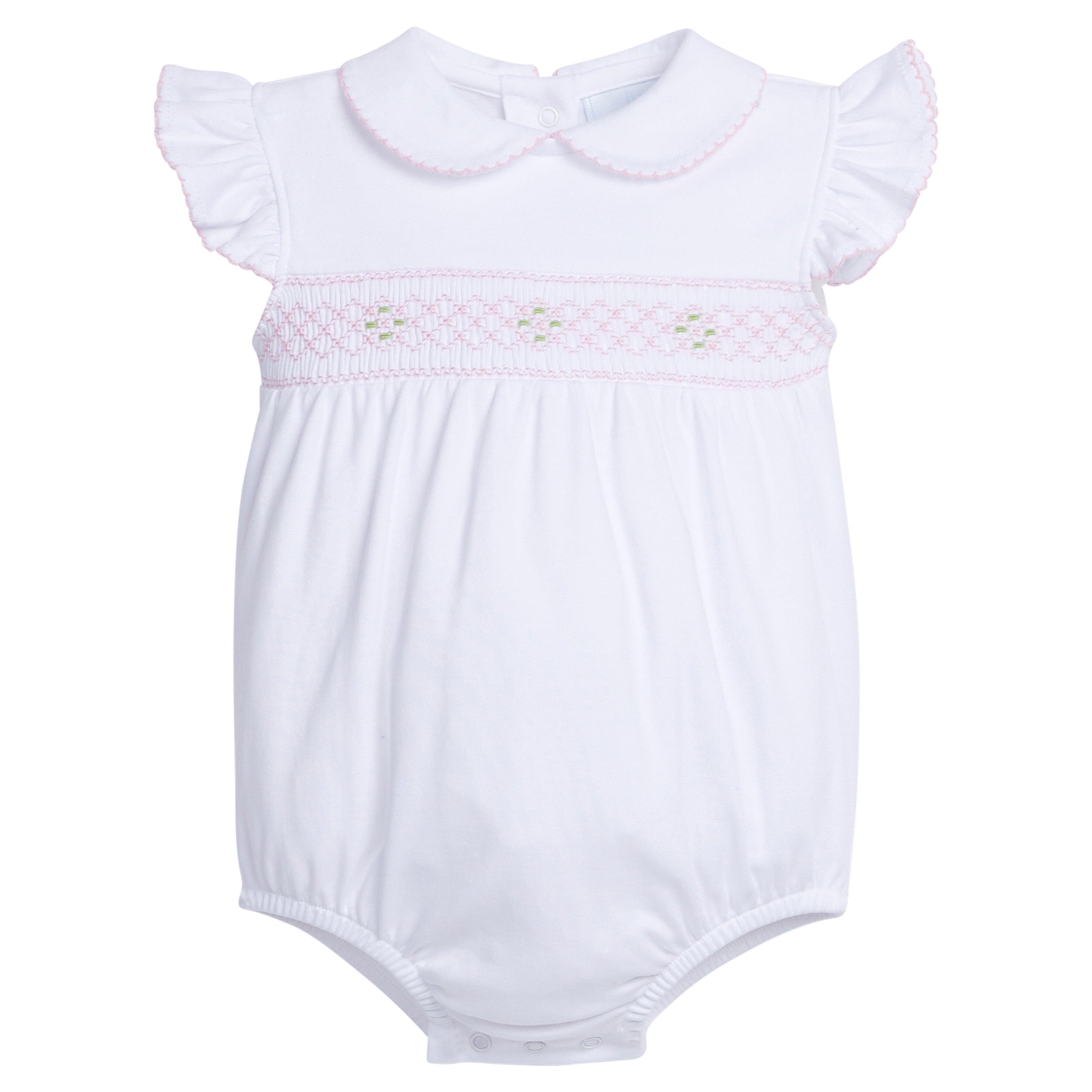 Little English traditional children's clothing.  White peter pan bubble  pink smocking for baby girls for spring