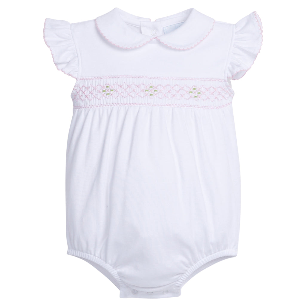 Little English traditional children's clothing.  White peter pan bubble  pink smocking for baby girls for spring