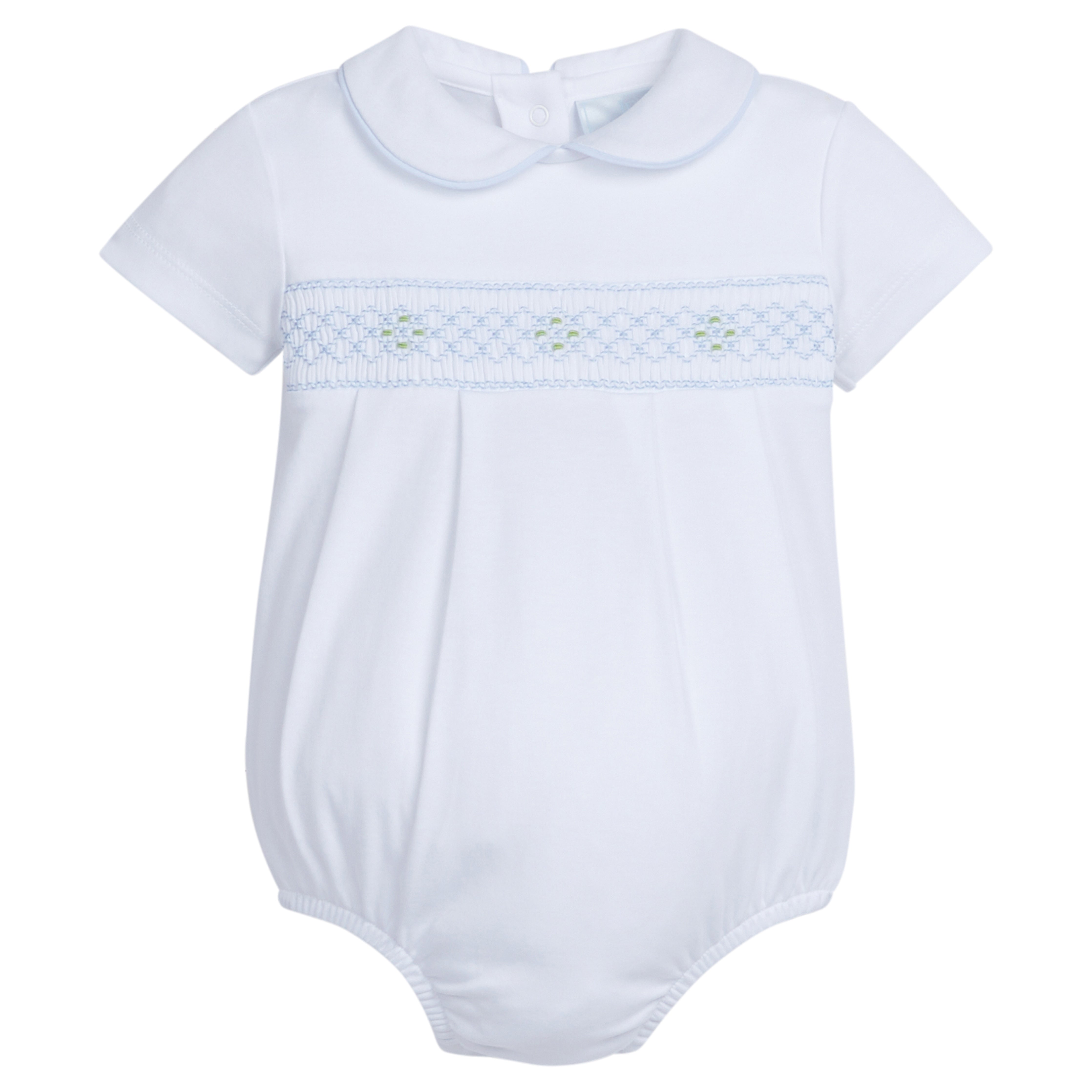 Little English traditional children's clothing.  White knit peter pan bubble with blue smocking for baby boy for Spring
