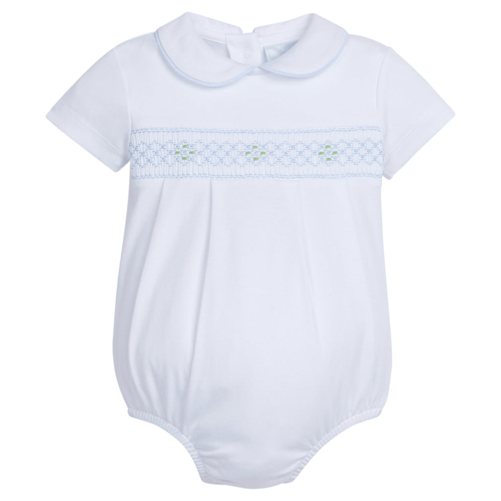 Little English traditional children's clothing.  White knit peter pan bubble with blue smocking for baby boy for Spring