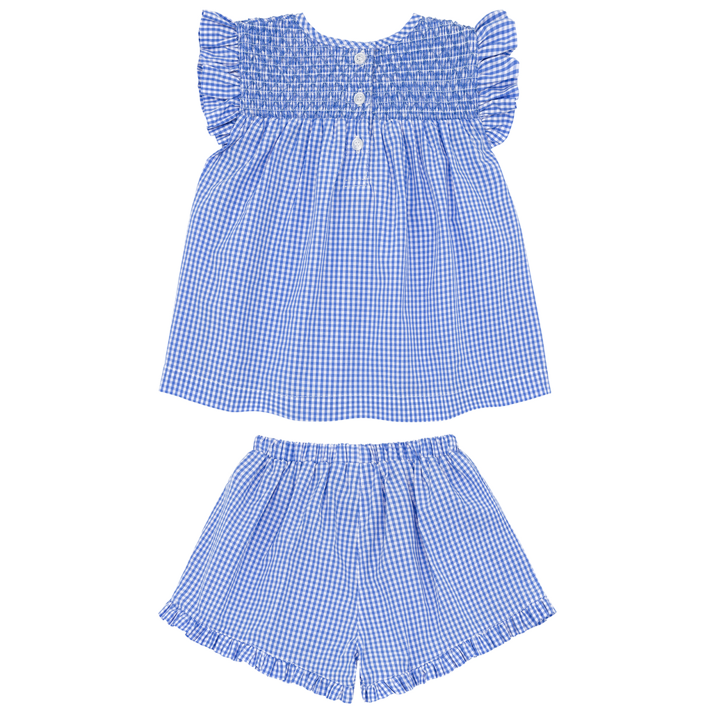 Girls Sky Blue Gingham Smocked Top And Short Set