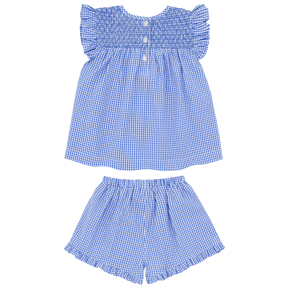 Girls Sky Blue Gingham Smocked Top And Short Set