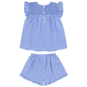 Girls Sky Blue Gingham Smocked Top And Short Set