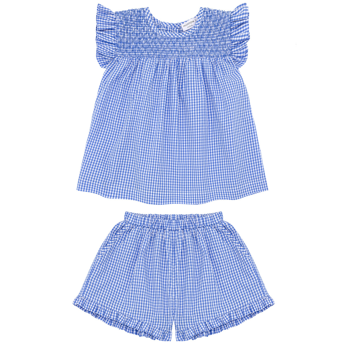 Girls Sky Blue Gingham Smocked Top And Short Set