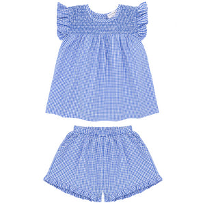 Girls Sky Blue Gingham Smocked Top And Short Set