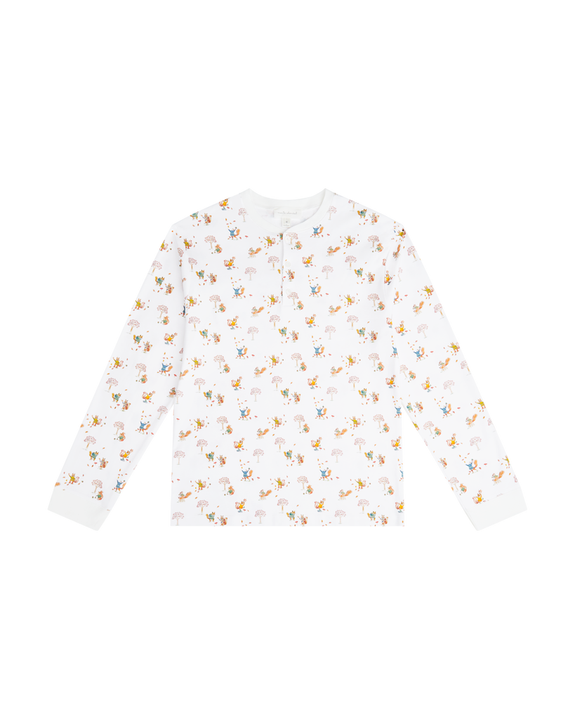 Squirrel Print Henley Pajamas in White