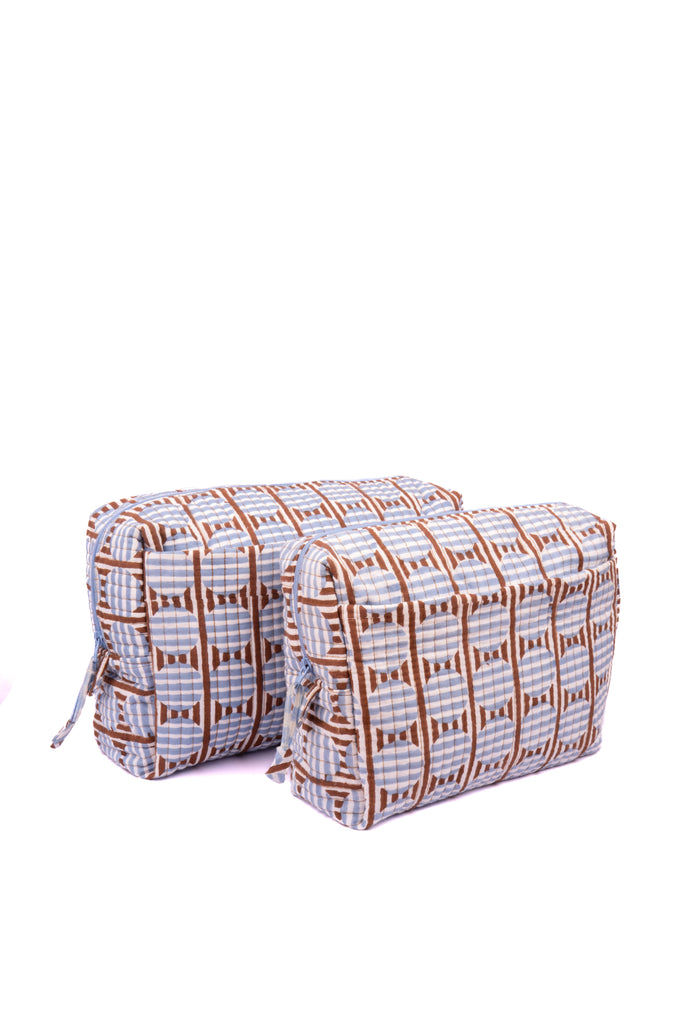 Striped Circles Blockprint Travel Pouch in Brown & Blue