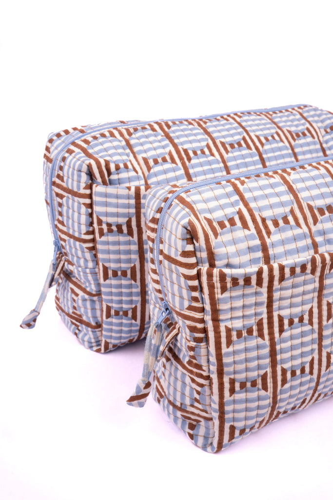 Striped Circles Blockprint Travel Pouch in Brown & Blue
