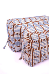 Striped Circles Blockprint Travel Pouch in Brown & Blue