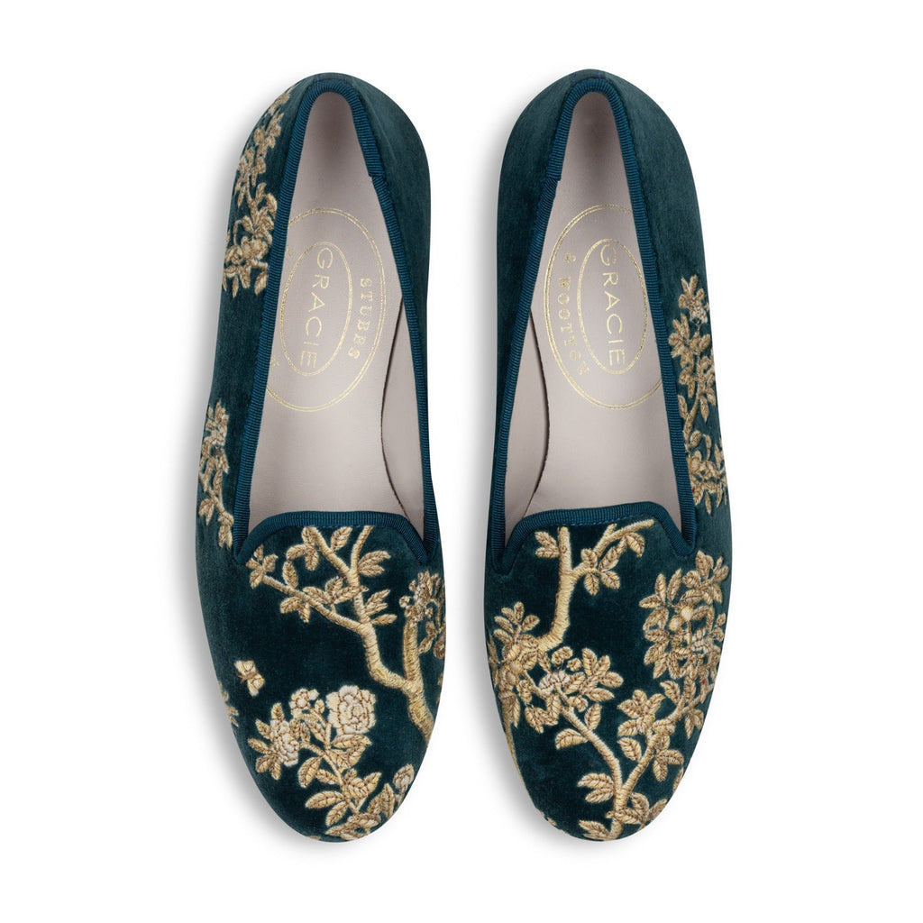 Our Marble Shimmer Peacock Velvet Slipper (Women) item is photographed here against a white background.