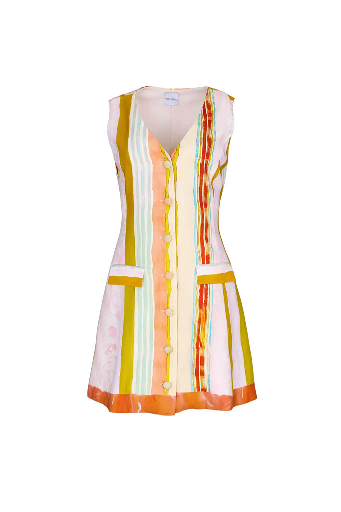 The Suni Dress is a fitted vest-style mini with a V-neck, faux waist pockets, and A-line skirt.
