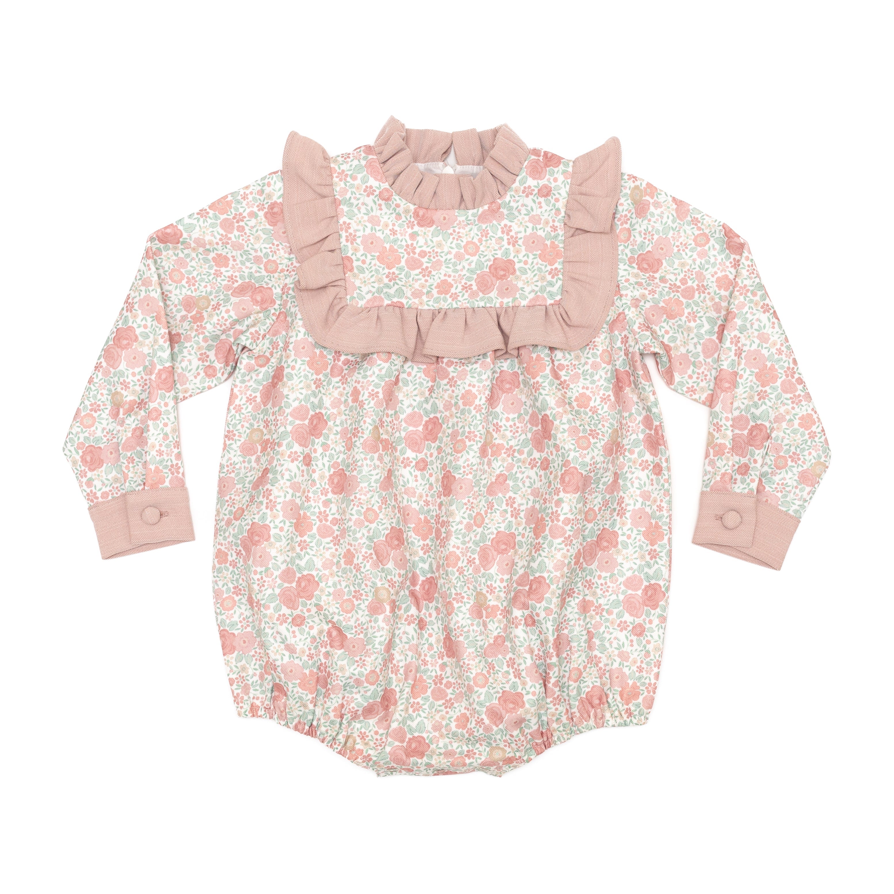 Henry Duvall Nora Bubble in Beacon Hill Blooms with Parker Pink Herringbone trim, classic fall baby girl outfit with ruffle details, traditional heirloom bubble for portraits and holidays
