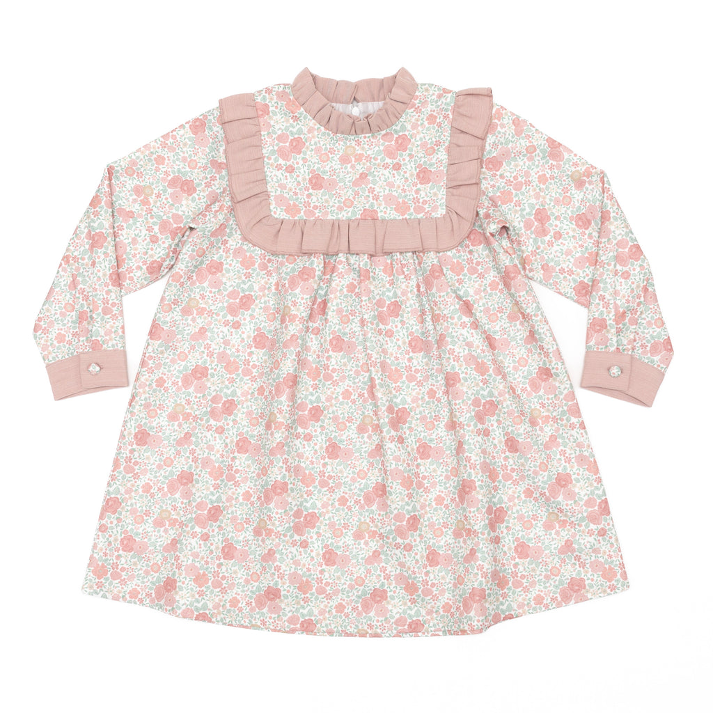 Henry Duvall Nora Dress in Beacon Hill Blooms with Parker Pink Herringbone ruffle trim, classic long sleeve holiday dress for girls, heirloom fall outfit for portraits and special occasions.
