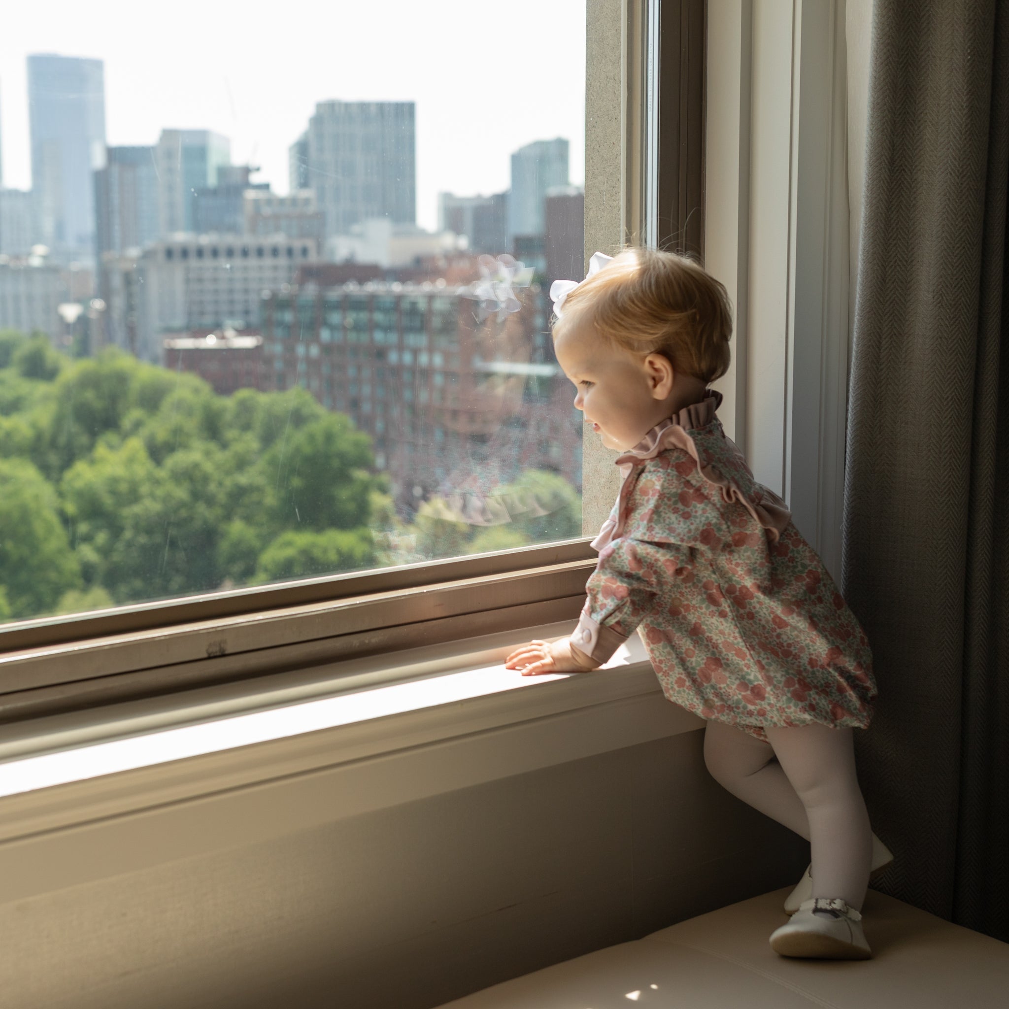 Henry Duvall Nora Bubble in Beacon Hill Blooms with Parker Pink Herringbone trim, classic fall baby girl outfit with ruffle details, traditional heirloom bubble for portraits and holidays