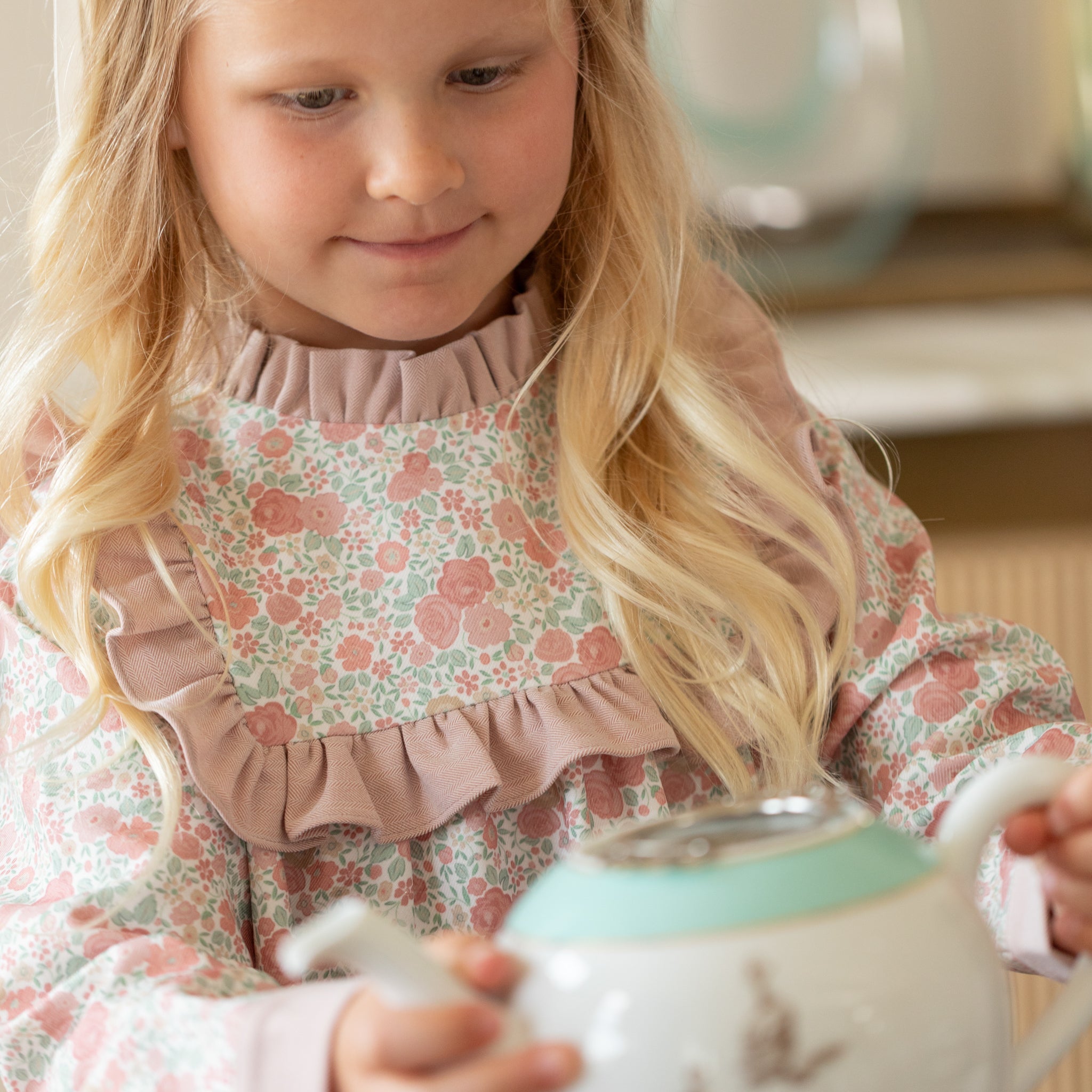 Henry Duvall Nora Dress in Beacon Hill Blooms with Parker Pink Herringbone ruffle trim, classic long sleeve holiday dress for girls, heirloom fall outfit for portraits and special occasions.