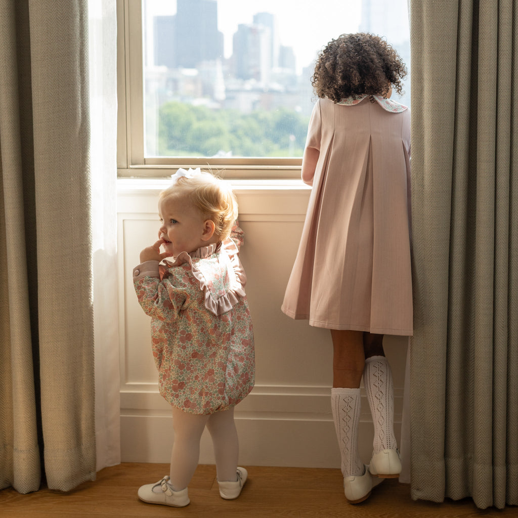 Henry Duvall Pippa Dress for girls in Parker Pink Herringbone, classic rose pink fall dress inspired by English heritage, perfect sibling set style for portraits and special occasions