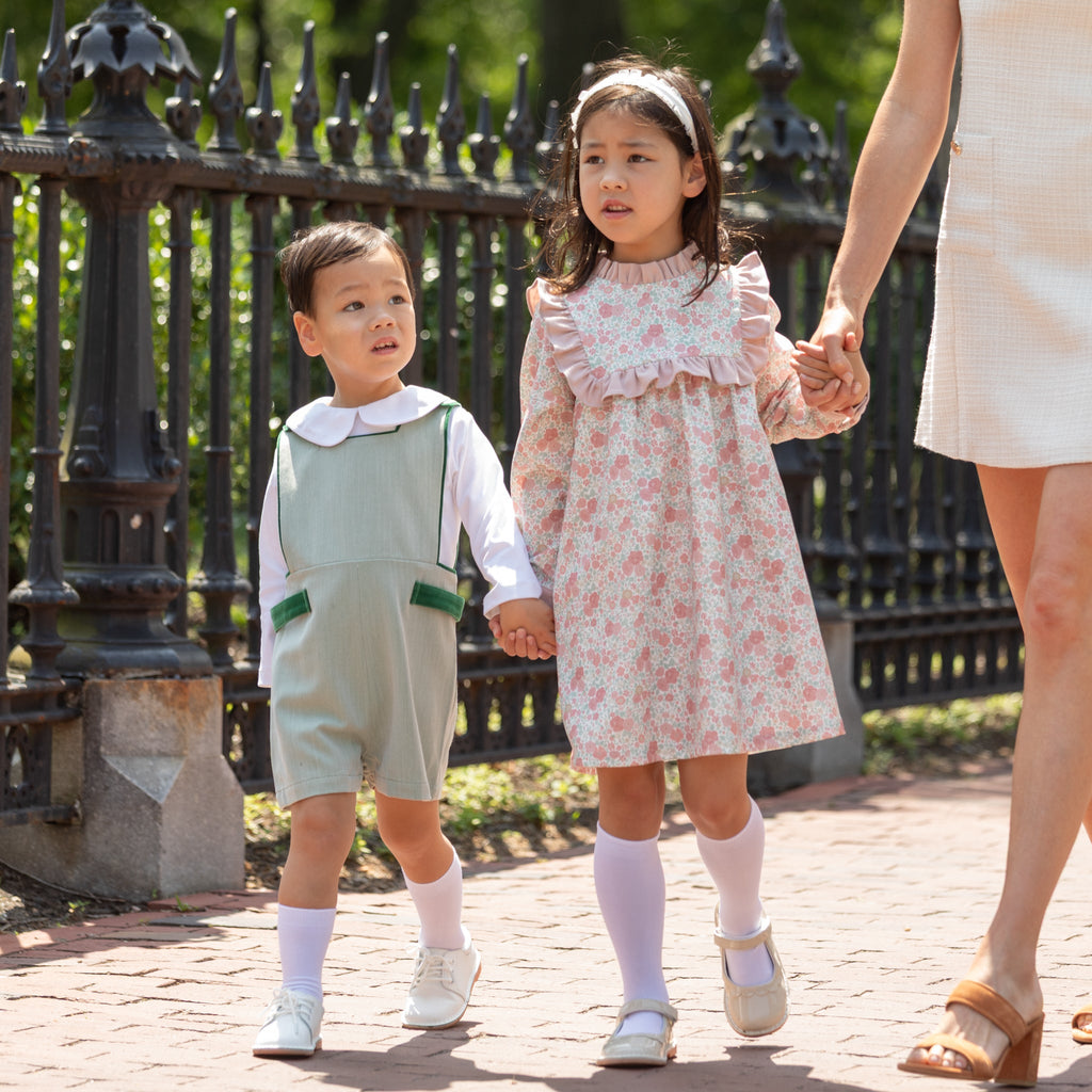 Henry Duvall Nora Dress in Beacon Hill Blooms with Parker Pink Herringbone ruffle trim, classic long sleeve holiday dress for girls, heirloom fall outfit for portraits and special occasions.
