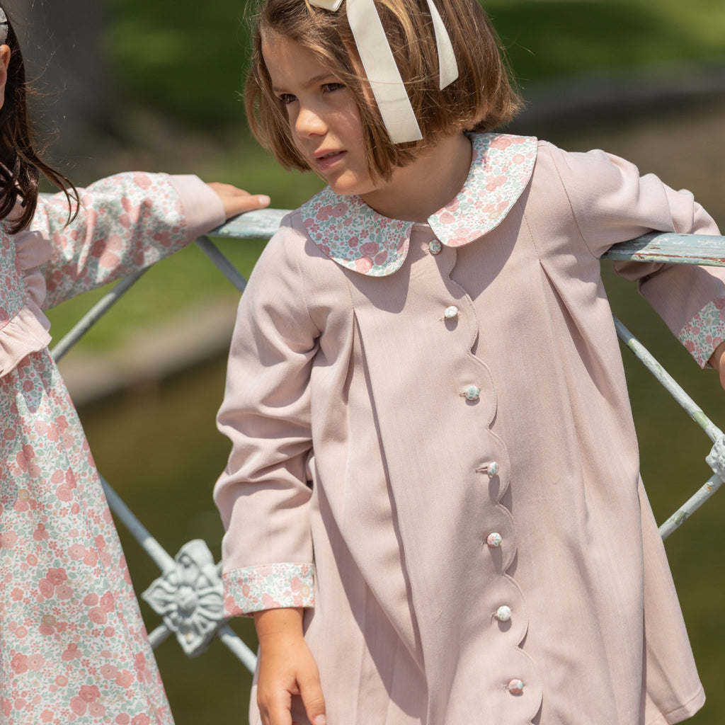Henry Duvall Pippa Dress for girls in Parker Pink Herringbone, classic rose pink fall dress inspired by English heritage, perfect sibling set style for portraits and special occasions