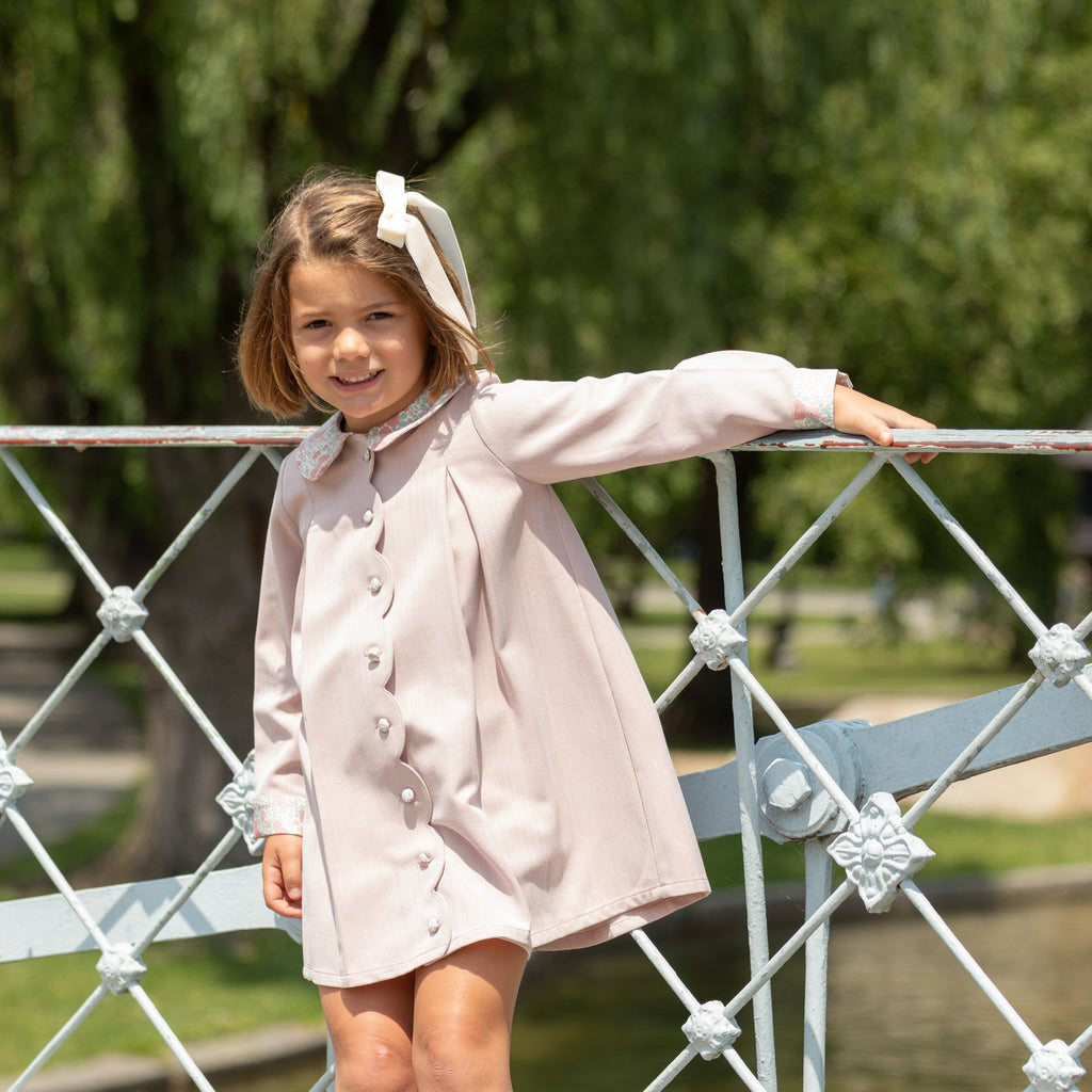 Henry Duvall Pippa Dress for girls in Parker Pink Herringbone, classic rose pink fall dress inspired by English heritage, perfect sibling set style for portraits and special occasions