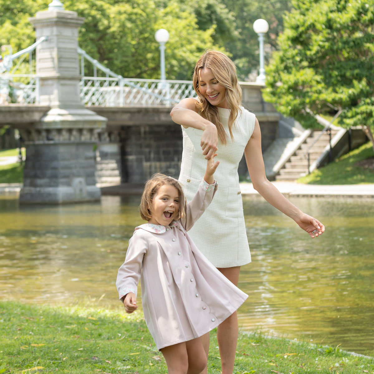Henry Duvall Pippa Dress for girls in Parker Pink Herringbone, classic rose pink fall dress inspired by English heritage, perfect sibling set style for portraits and special occasions