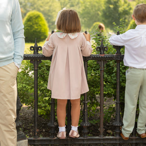 Henry Duvall Pippa Dress for girls in Parker Pink Herringbone, classic rose pink fall dress inspired by English heritage, perfect sibling set style for portraits and special occasions