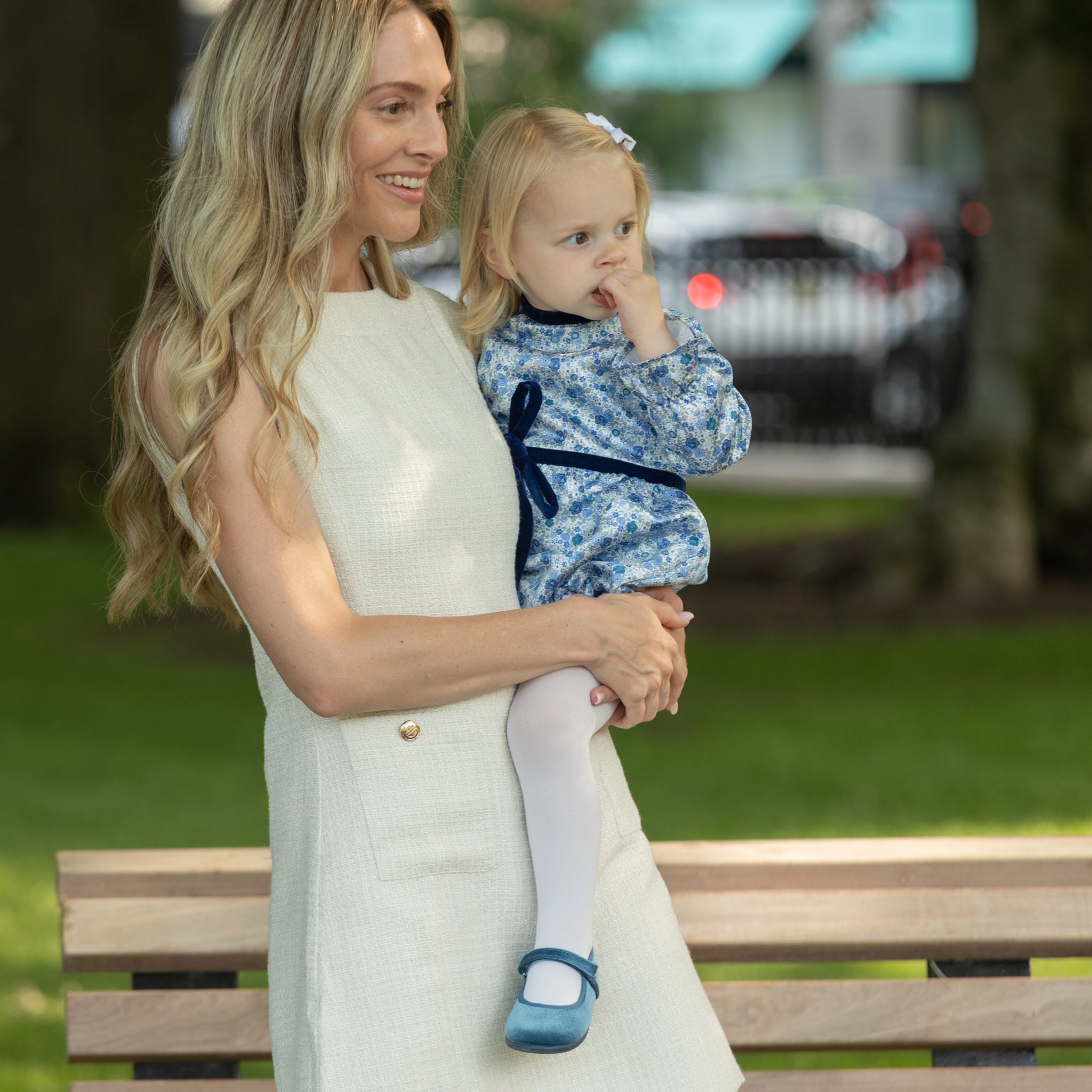 Henry Duvall Hazel Bubble in Prescott Petals floral with Back Bay Blue Velvet bow, classic baby girl fall romper designed to coordinate with sibling and mommy styles