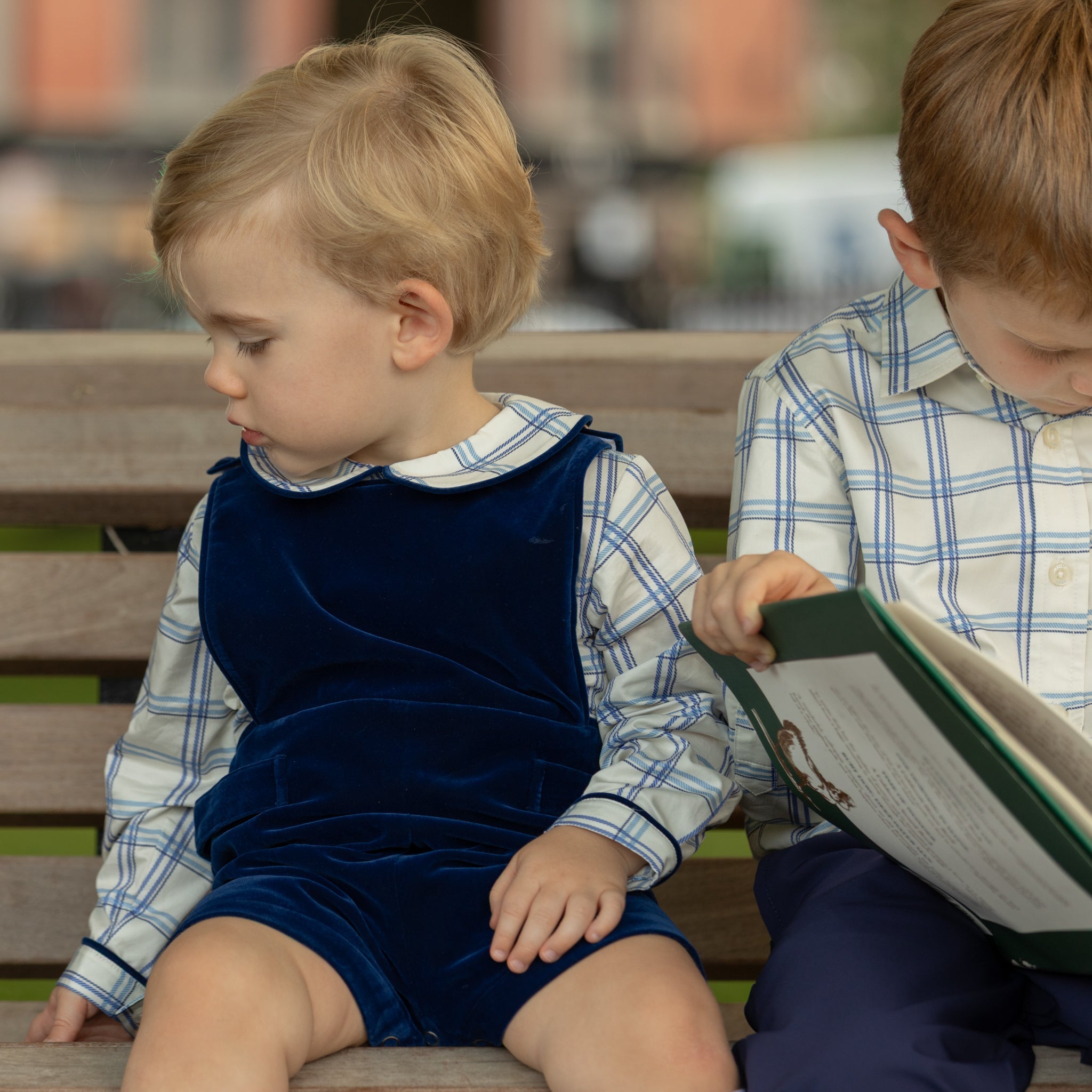 Henry Duvall Long Sleeve Henry Peter Pan Shirt in Prescott Plaid, classic boys fall shirt with Peter Pan collar and button-back, perfect for layering and coordinating sibling outfits