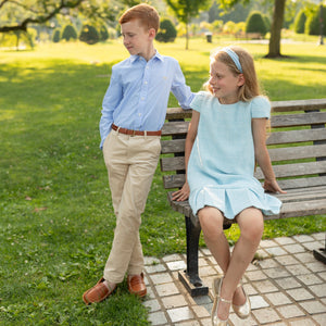 Henry Duvall Bay Tree Blue Tweed Dress for older girls, classic fall tweed dress with cap sleeves and box pleat hem, elegant and age-appropriate for seasonal occasions
