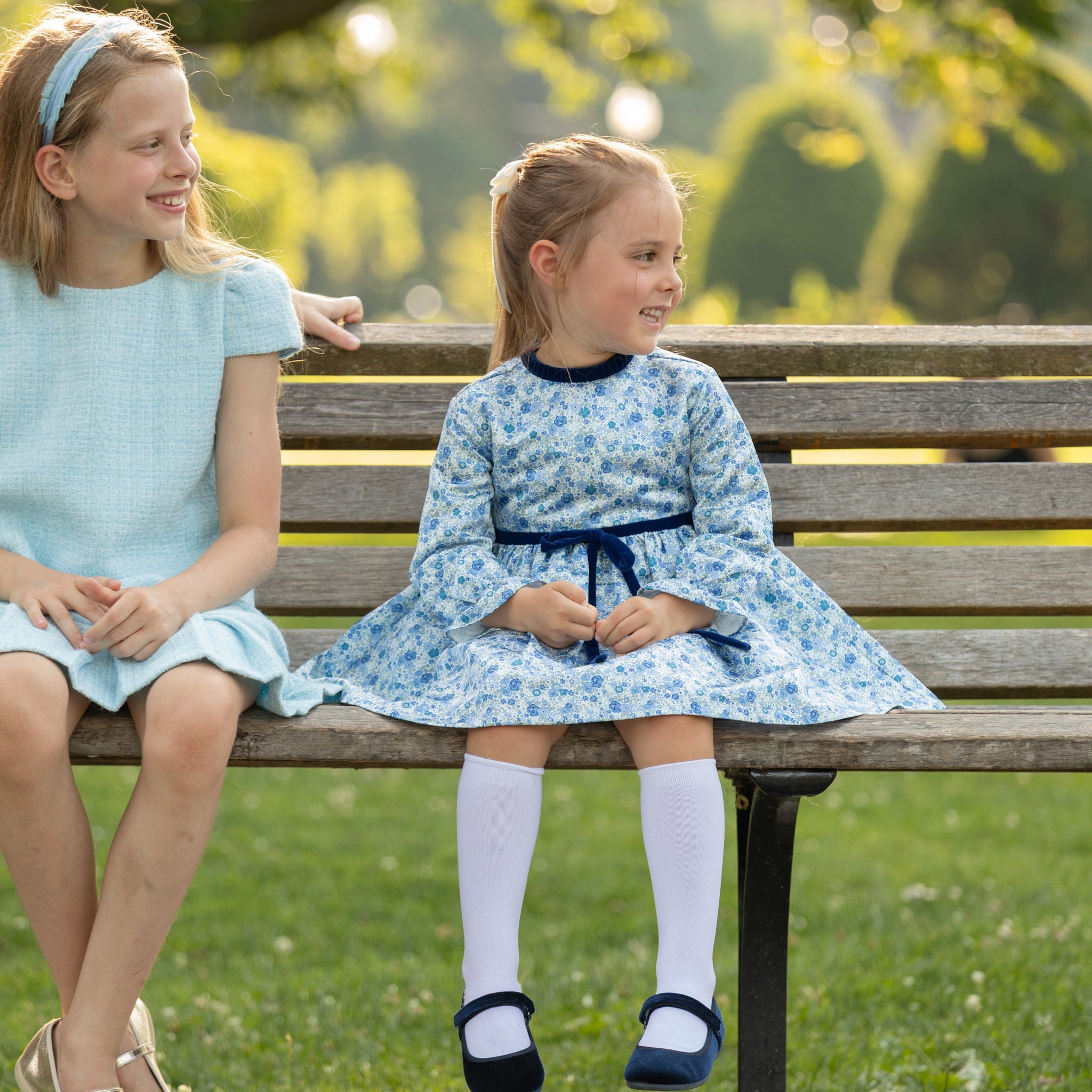 Henry Duvall Hazel Dress in Prescott Petals floral with Back Bay Blue Velvet bow, vintage length fall dress for girls, perfect for sibling sets and mother-daughter matching