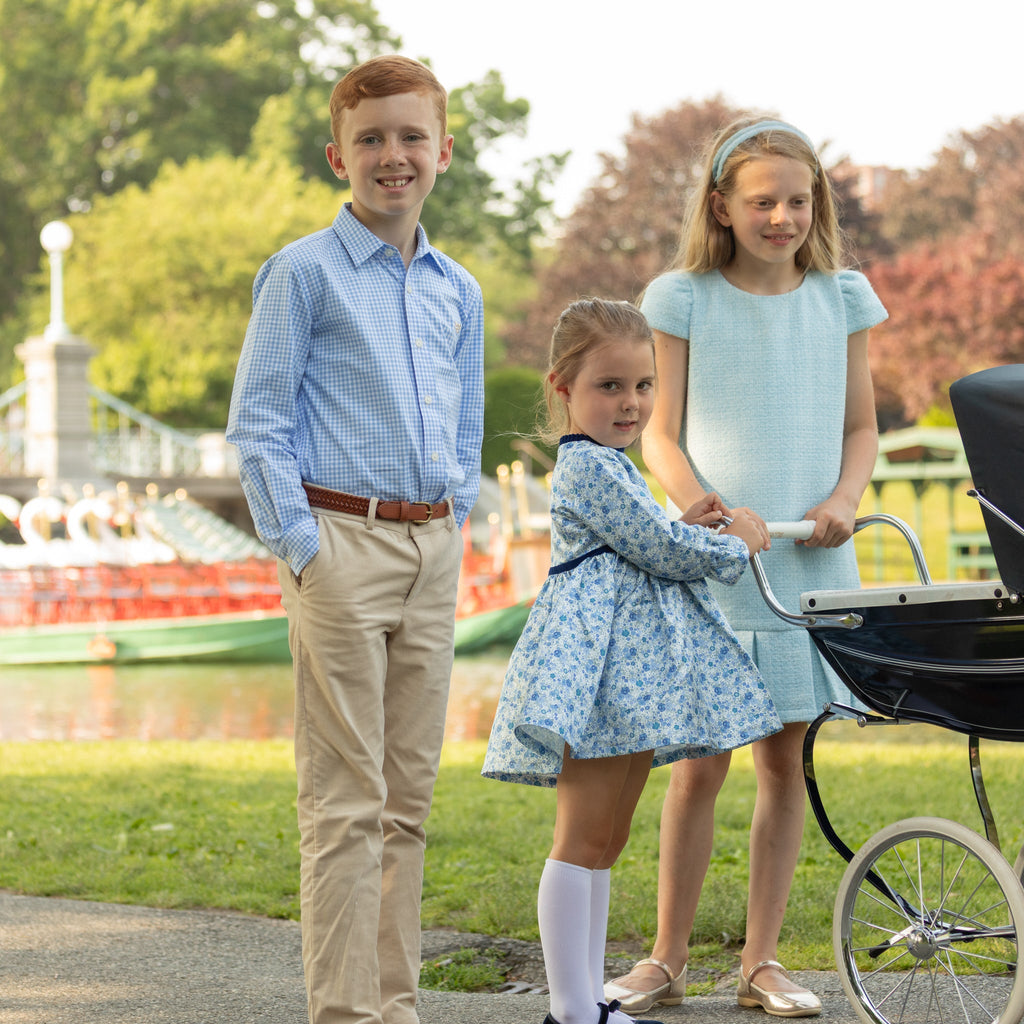 Henry Duvall Bay Tree Blue Tweed Dress for older girls, classic fall tweed dress with cap sleeves and box pleat hem, elegant and age-appropriate for seasonal occasions
