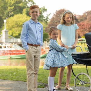 Henry Duvall Bay Tree Blue Tweed Dress for older girls, classic fall tweed dress with cap sleeves and box pleat hem, elegant and age-appropriate for seasonal occasions