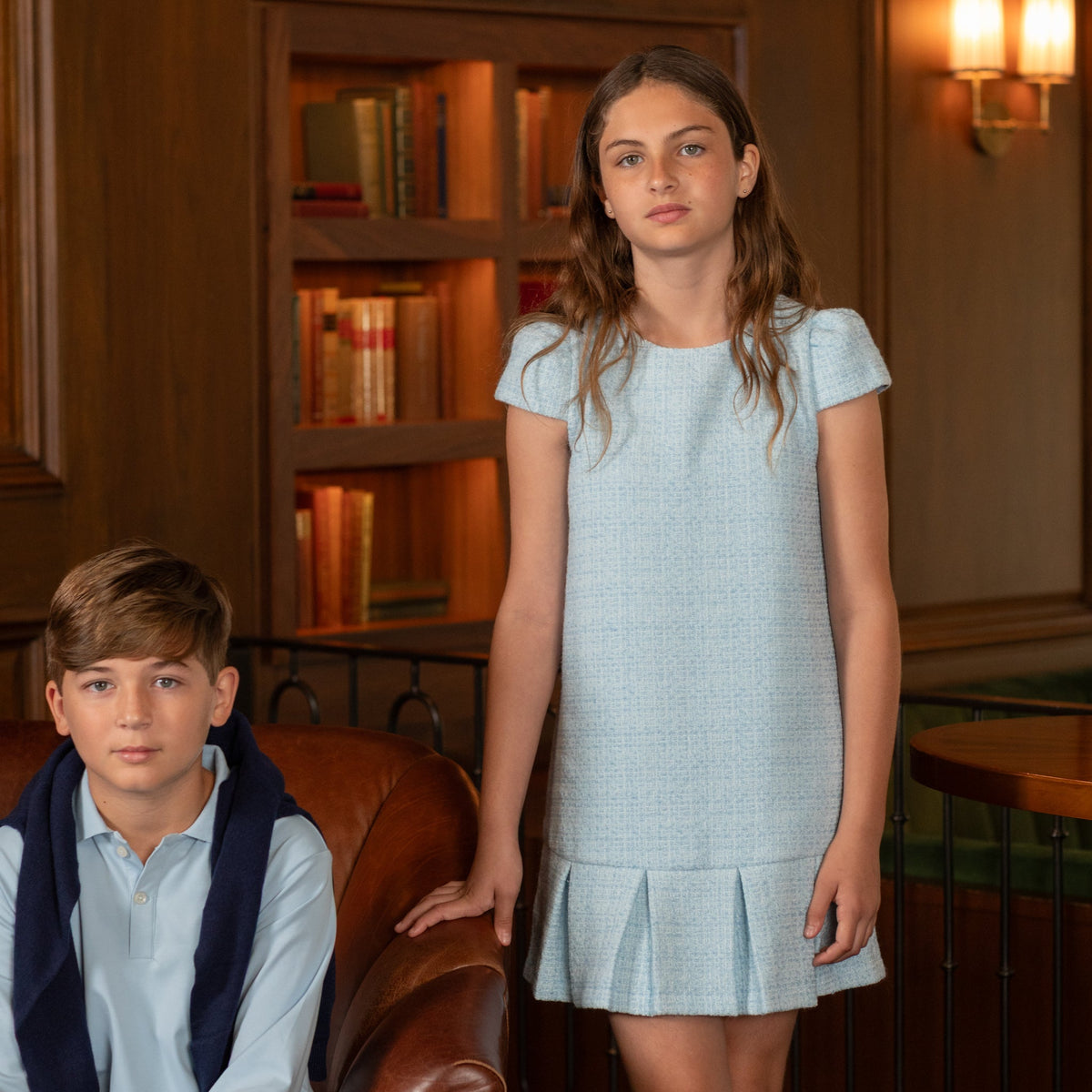 Henry Duvall Bay Tree Blue Tweed Dress for older girls, classic fall tweed dress with cap sleeves and box pleat hem, elegant and age-appropriate for seasonal occasions