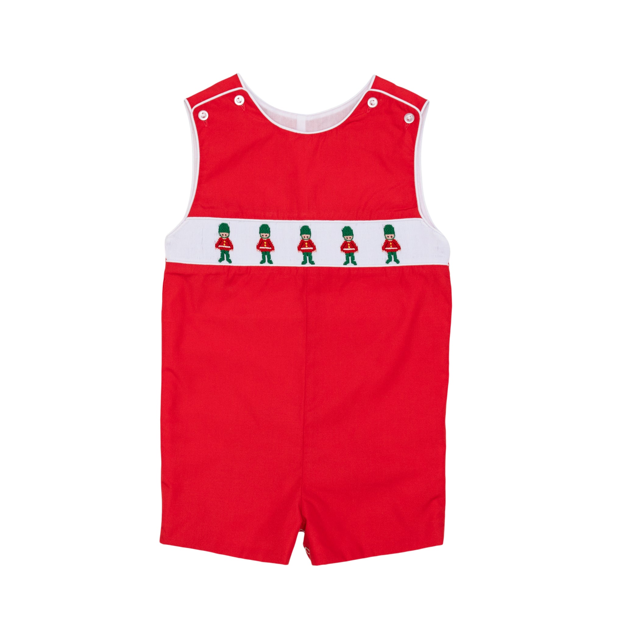 Red boys holiday Jon Jon with toy soldier smocking across the chest, Henry Duvall George Jon Jon in cotton poplin for classic Christmas dressing