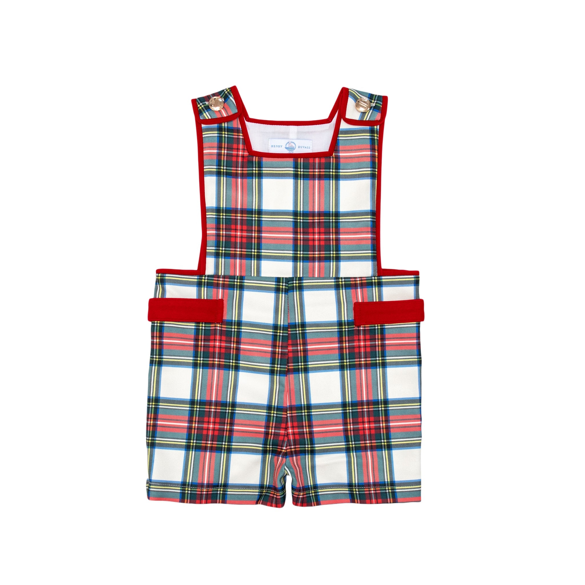 Henry Duvall classic baby boy jon jon in traditional red tartan, heirloom toddler outfit with shoulder buttons and stride snaps, inspired by English heritage style