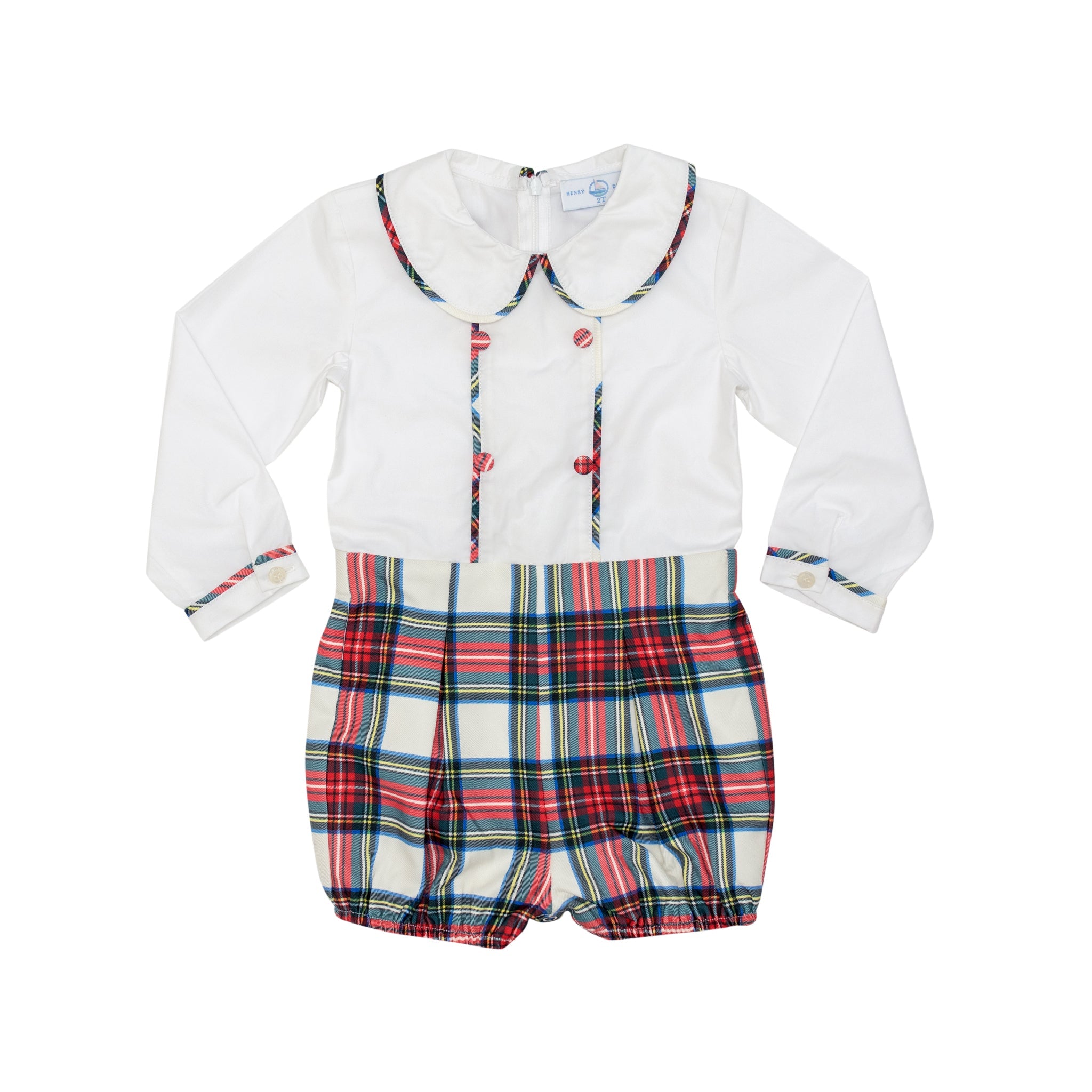Classic baby boy bubble in traditional red Townsend Tartan with long white sleeves, boy holiday outfit with plaid for family photos