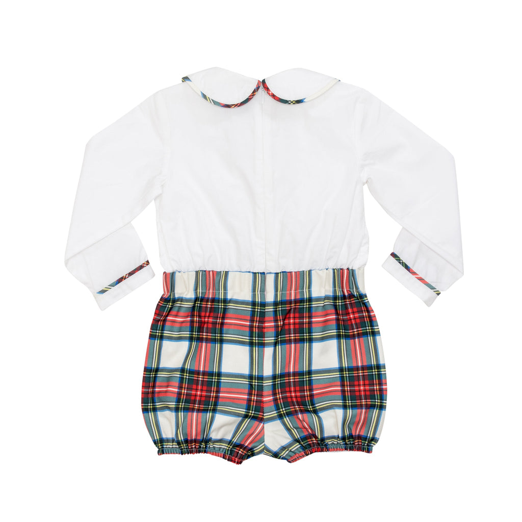 Classic baby boy bubble in traditional red Townsend Tartan with long white sleeves, boy holiday outfit with plaid for family photos
