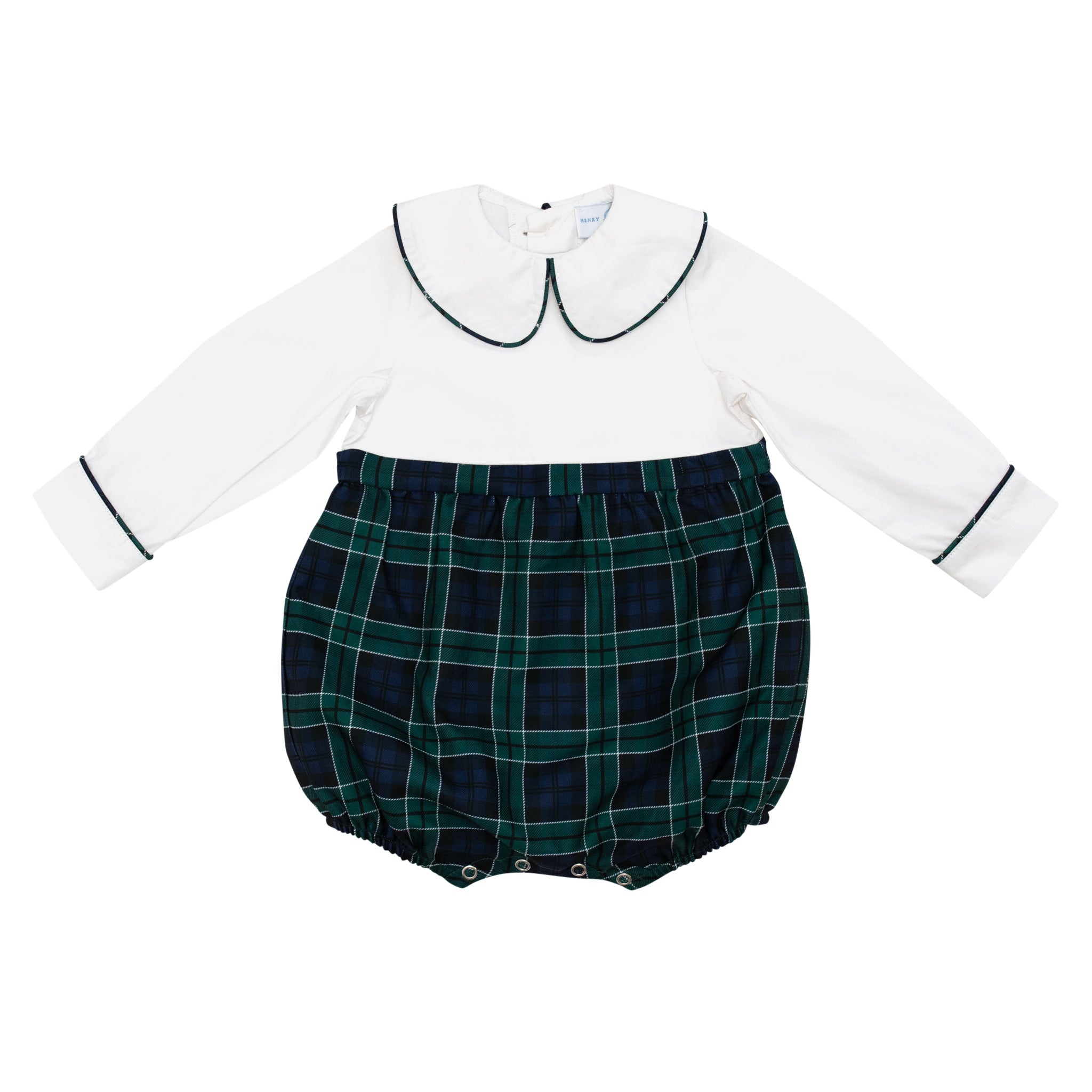 Baby boy holiday bubble in white cotton poplin and Newbury Tartan, long sleeves with snaps for easy changes, coordinates with sibling outfits for festive family photos