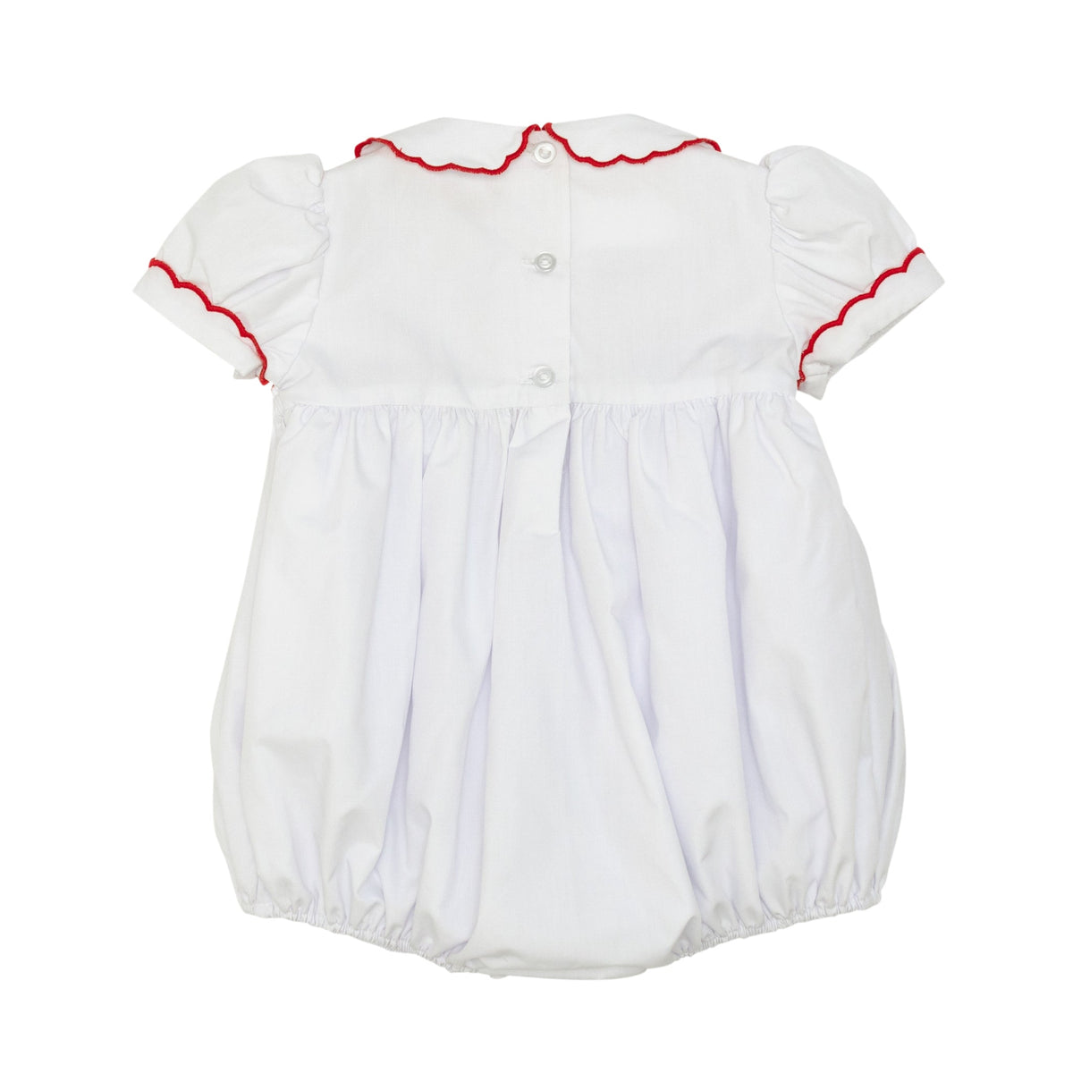 White short sleeve baby girl holiday bubble with red smocked bows, Peter Pan collar, and piped cuffs, classic Eloise Bubble by Henry Duvall for Christmas and winter celebrations