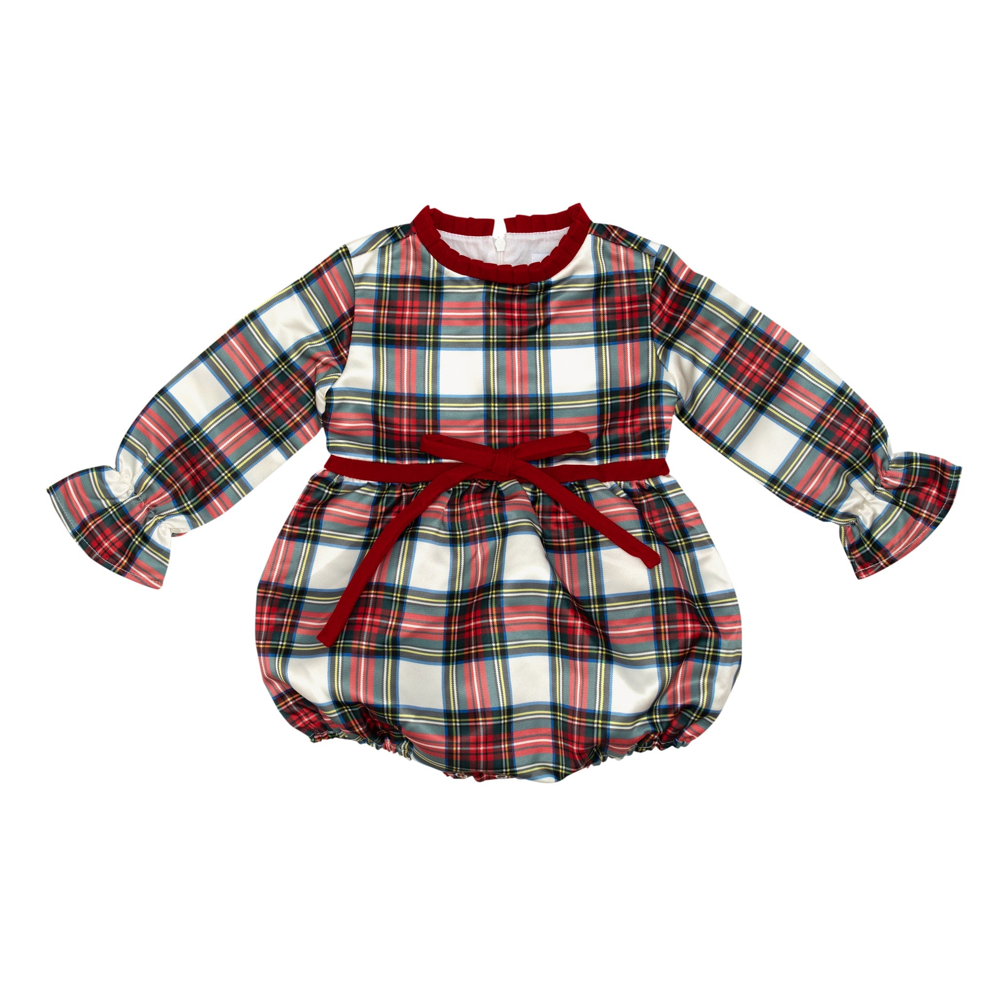 Baby girl holiday bubble in Townsend Tartan with bow waist detail, classic plaid design for fall and holiday photos – Henry Duvall timeless baby outfit